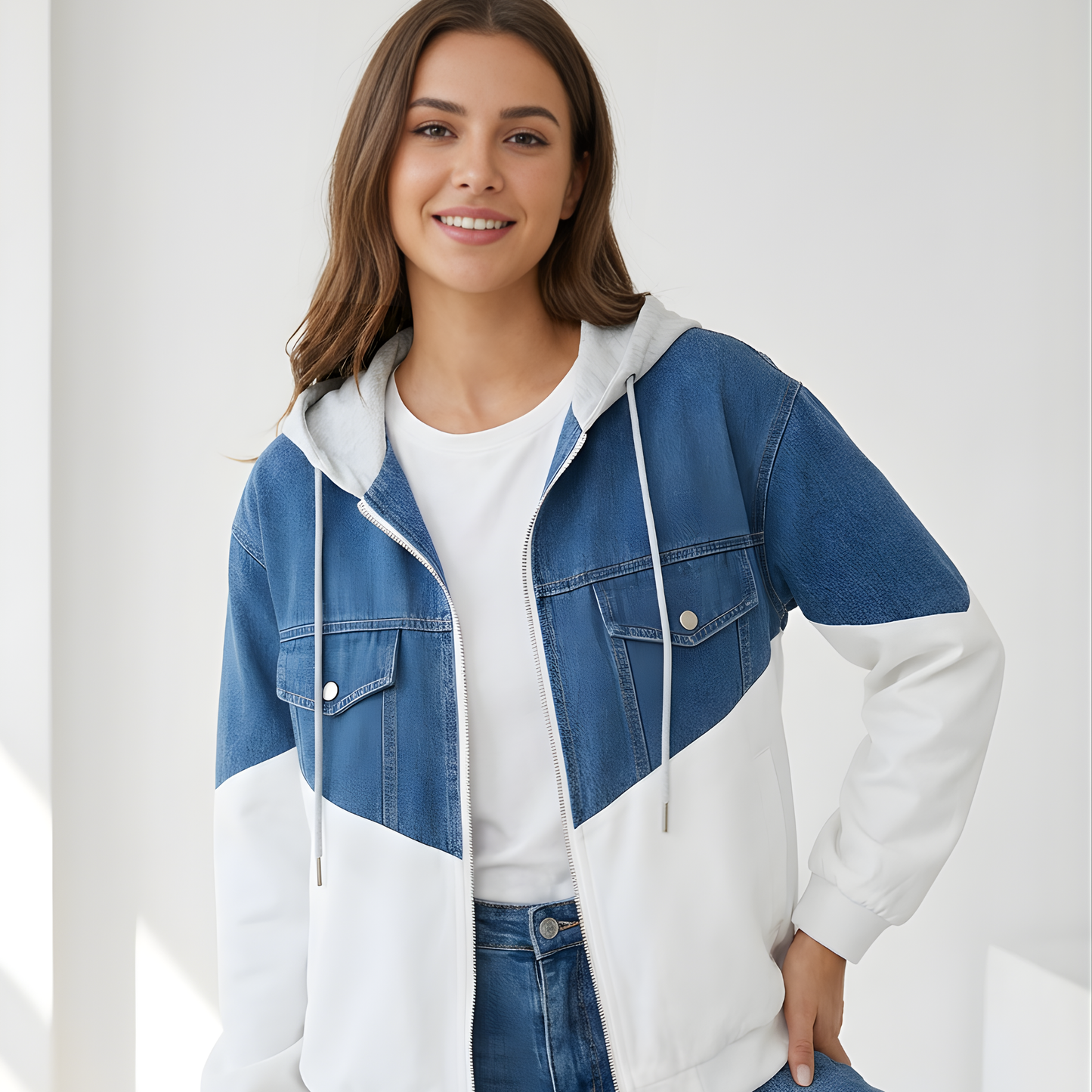 Ladies Stylish Denim & Cotton Zip-Up Jacket