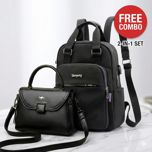 2-in-1 Ladies Nylon Backpack with Leather Handbag Combo