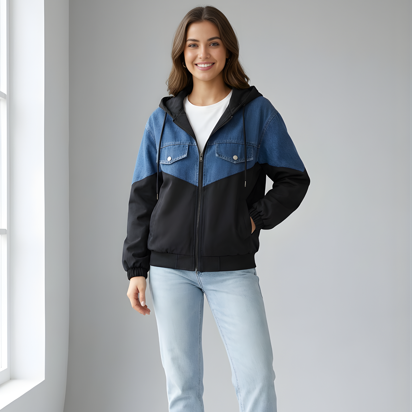 Ladies Stylish Denim & Cotton Zip-Up Jacket