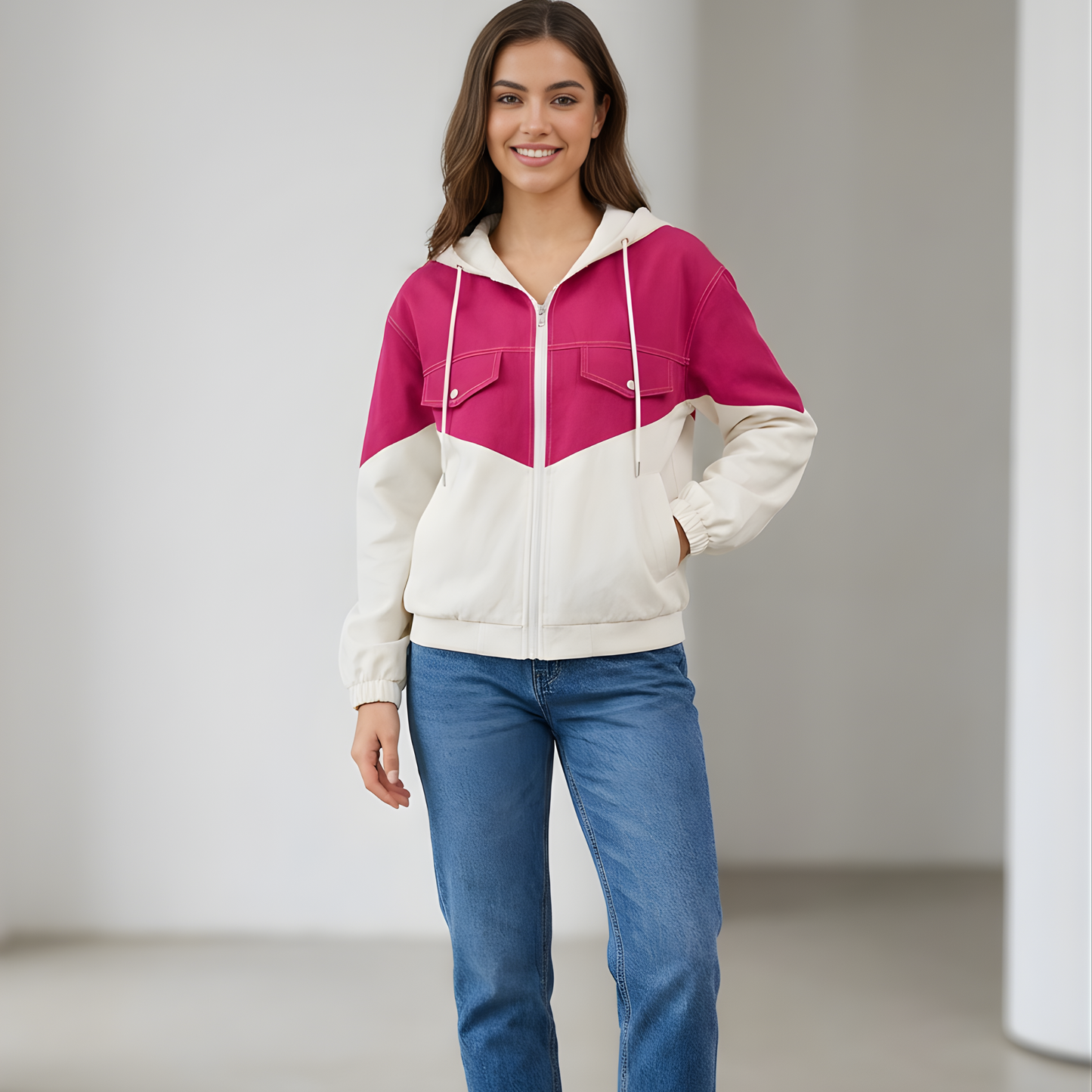 Ladies Stylish Denim & Cotton Zip-Up Jacket